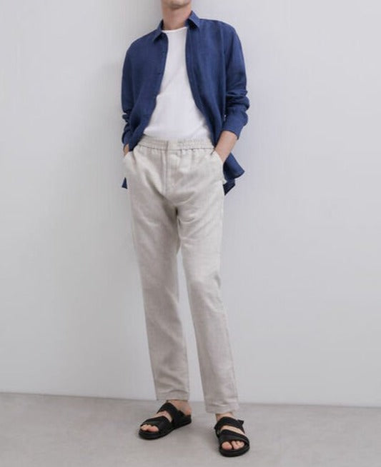 Men Shirt | Navy Blue Linen Shirt by Spanish designer Adolfo Dominguez