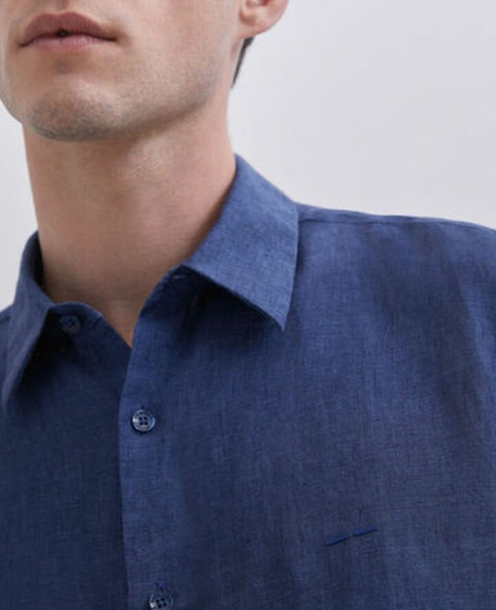 Men Shirt | Navy Blue Linen Shirt by Spanish designer Adolfo Dominguez