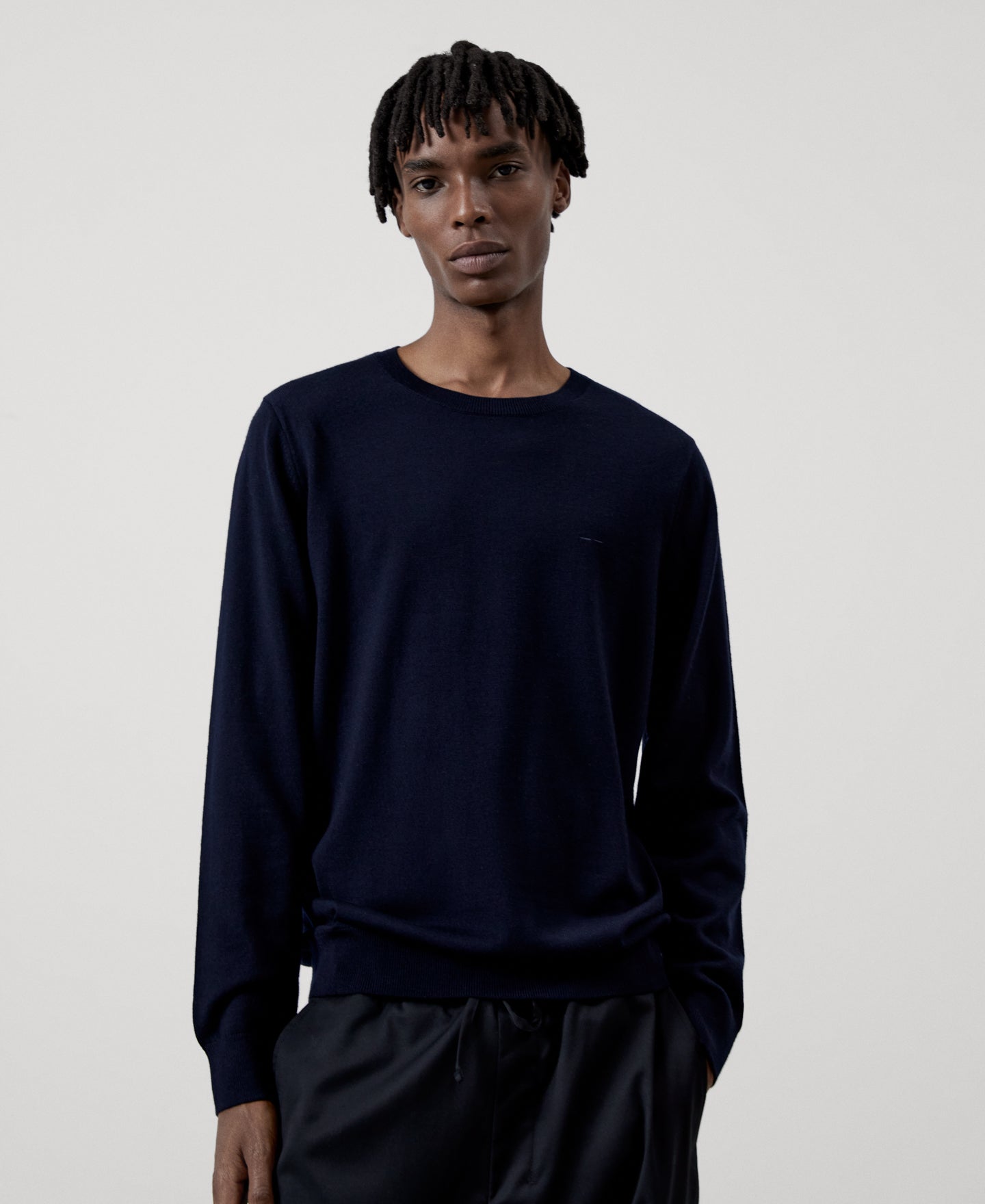 Men Jersey | Navy Blue Mens Merino Wool Crew Neck Sweater by Spanish designer Adolfo Dominguez