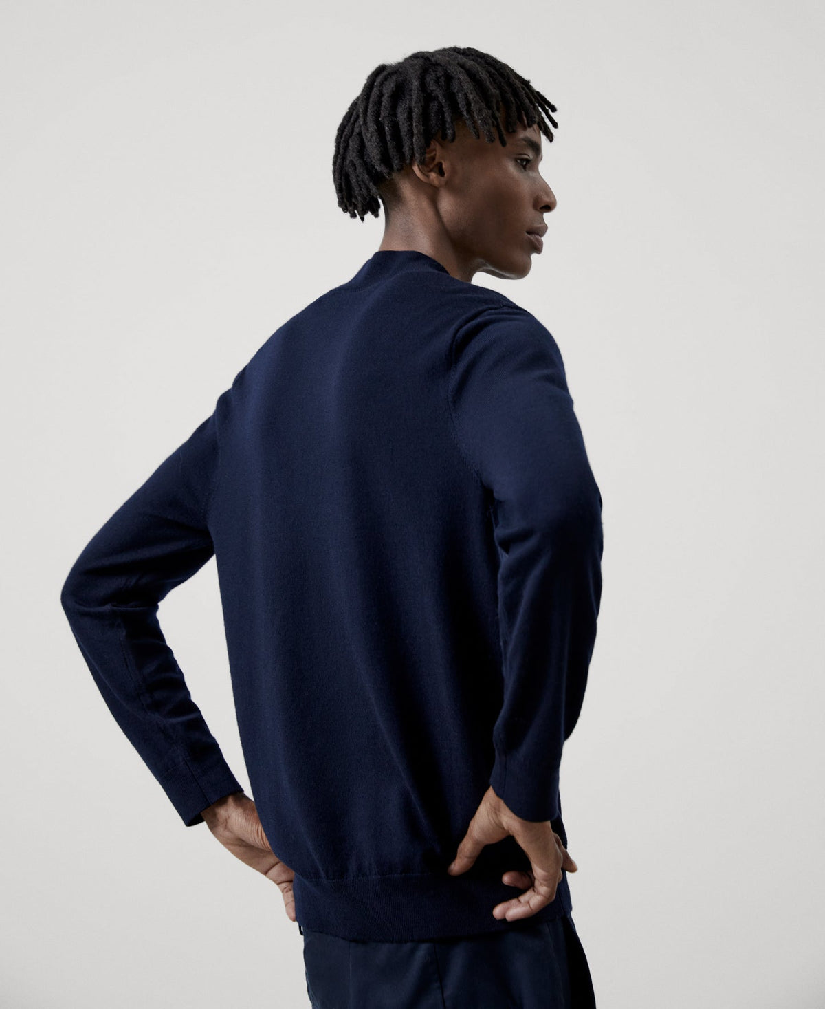 Men Jersey | Navy Blue Merino Wool Perkins Collar Sweater by Spanish designer Adolfo Dominguez