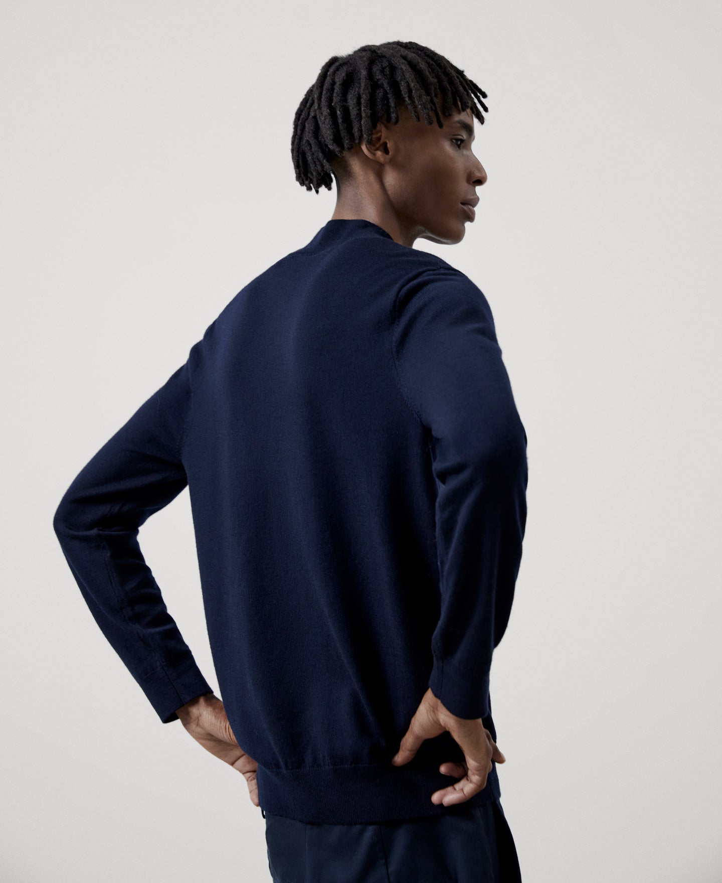 Men Jersey | Navy Blue Merino Wool Perkins Collar Sweater by Spanish designer Adolfo Dominguez