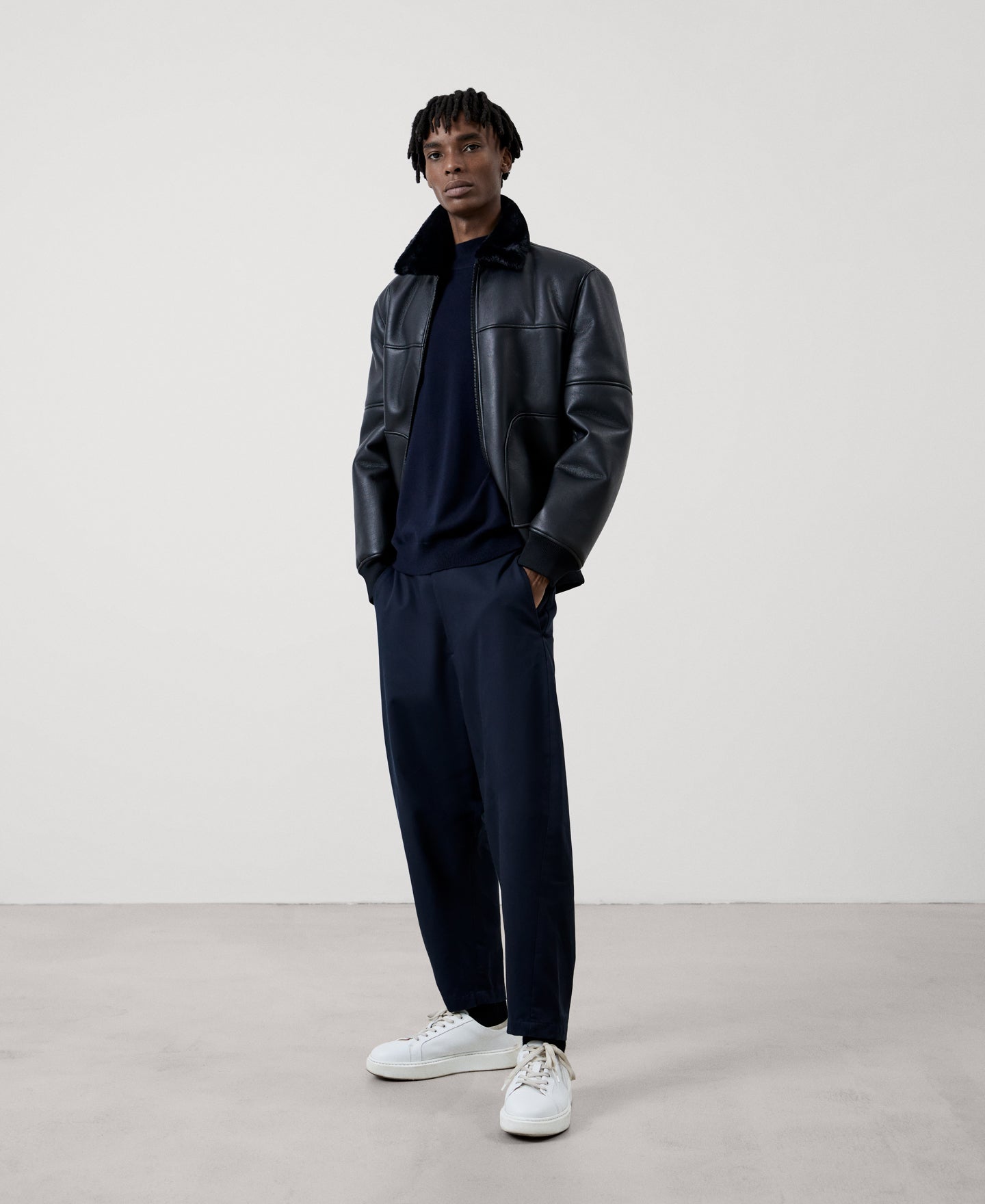 Men Jersey | Navy Blue Merino Wool Perkins Collar Sweater by Spanish designer Adolfo Dominguez