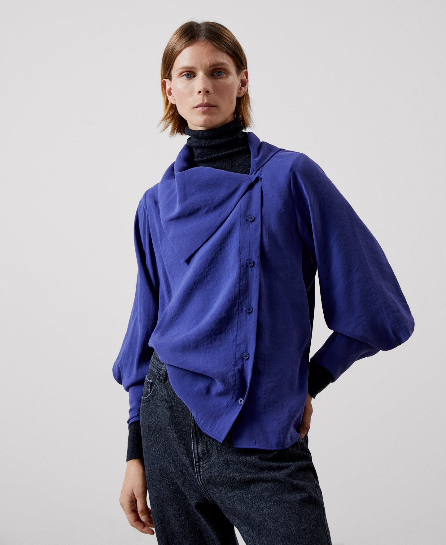 Women Long-Sleeve Shirt | Navy Blue Modal Fabric Shirt by Spanish designer Adolfo Dominguez