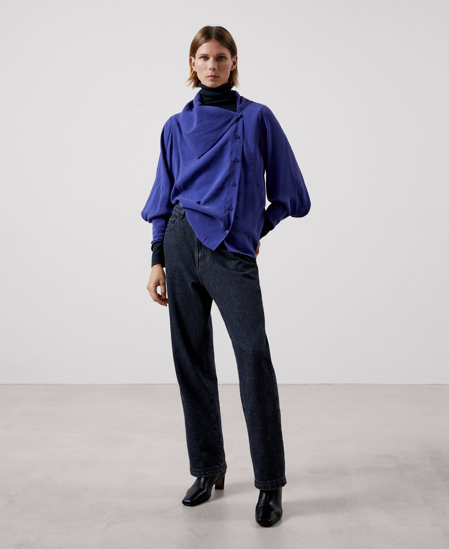 Women Long-Sleeve Shirt | Navy Blue Modal Fabric Shirt by Spanish designer Adolfo Dominguez