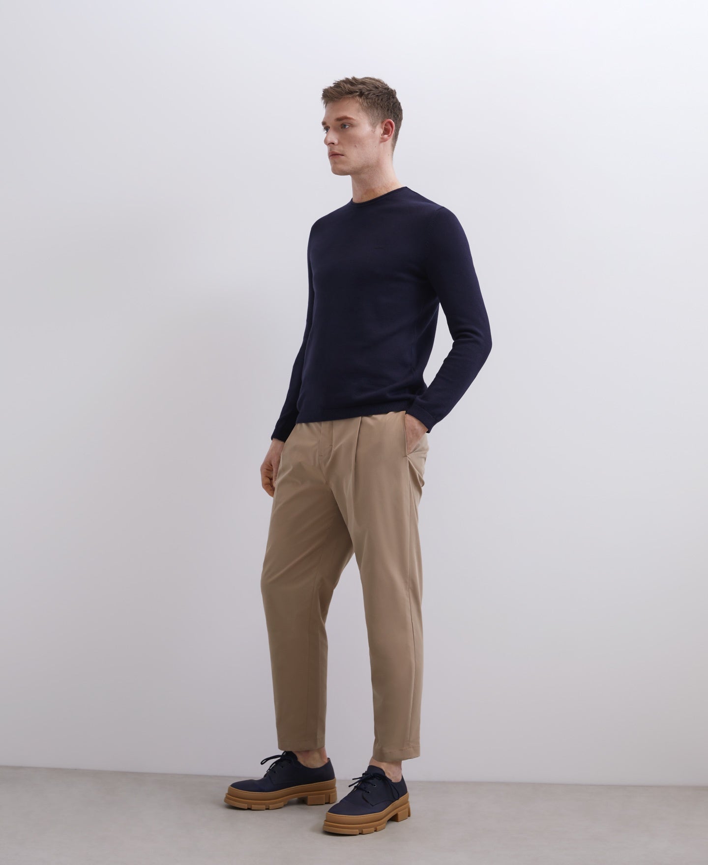 Men Jersey | Navy Blue Organic Cotton Crew Collar Sweater by Spanish designer Adolfo Dominguez