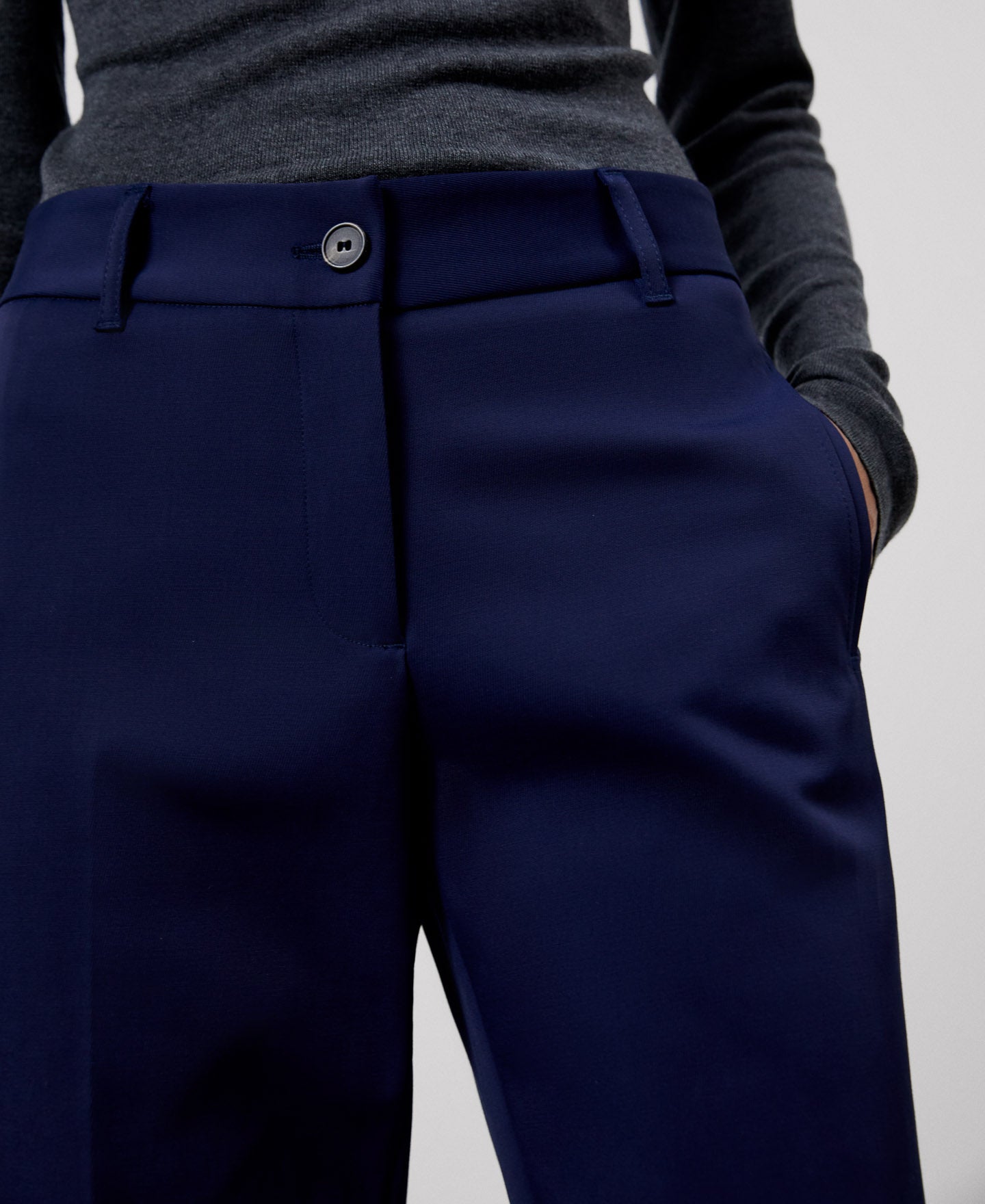 Women Trousers | Navy Blue Organic Cotton Trousers With Darts by Spanish designer Adolfo Dominguez