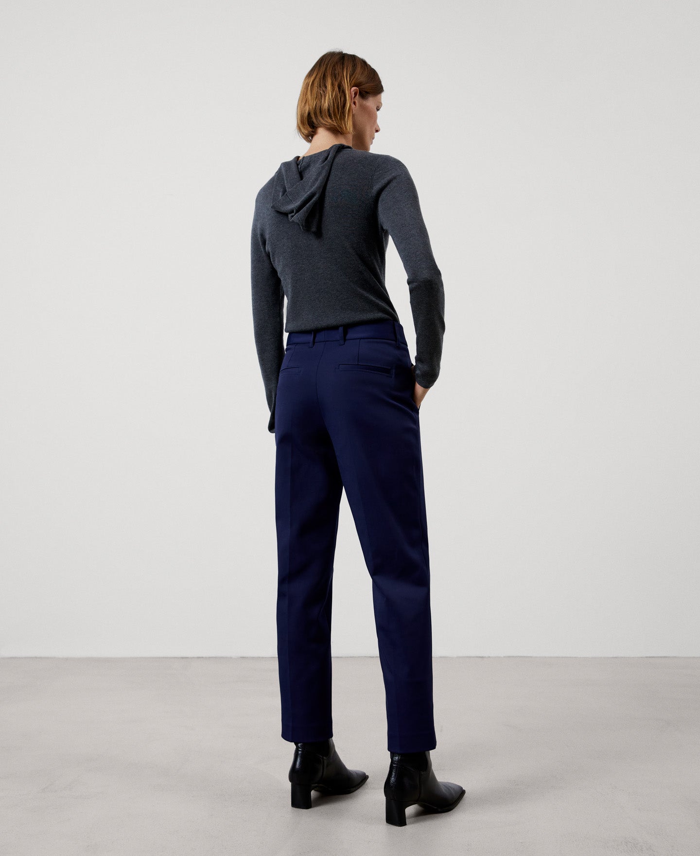 Women Trousers | Navy Blue Organic Cotton Trousers With Darts by Spanish designer Adolfo Dominguez