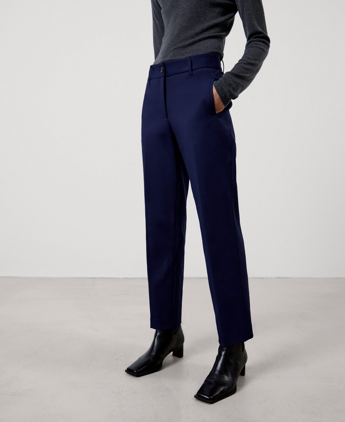 Women Trousers | Navy Blue Organic Cotton Trousers With Darts by Spanish designer Adolfo Dominguez