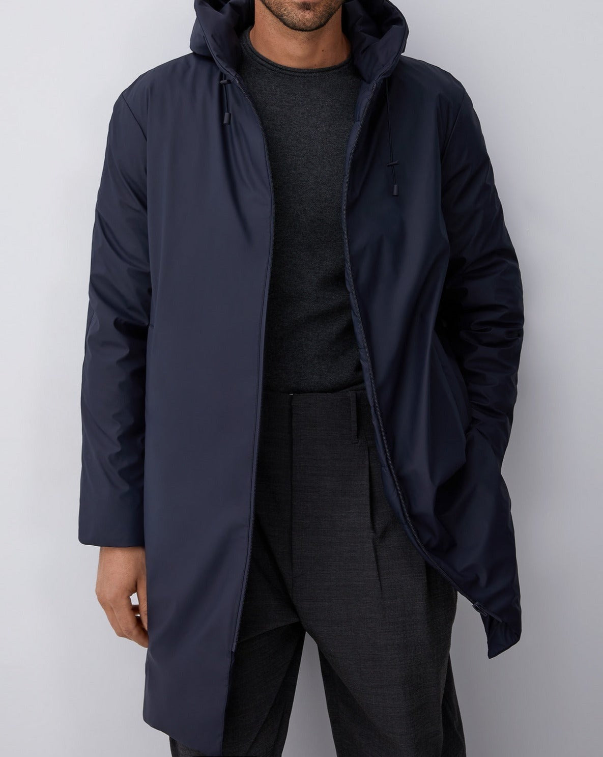 Men Trench | Navy Blue Padded And Gummed Parka by Spanish designer Adolfo Dominguez