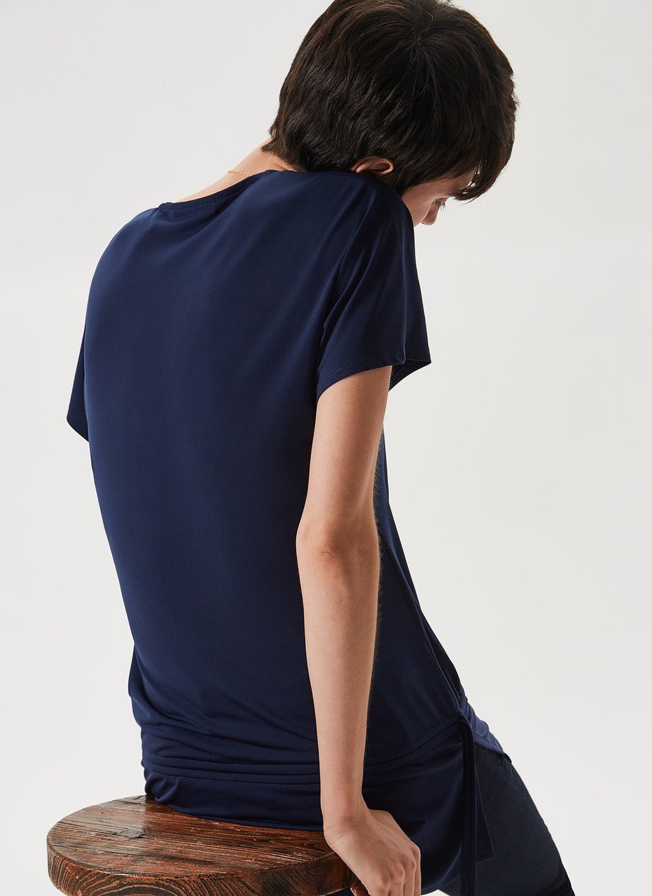 Women Short Sleeved Shirt | Navy Blue Short Sleeve Shirt With Asymmetric Hem by Spanish designer Adolfo Dominguez