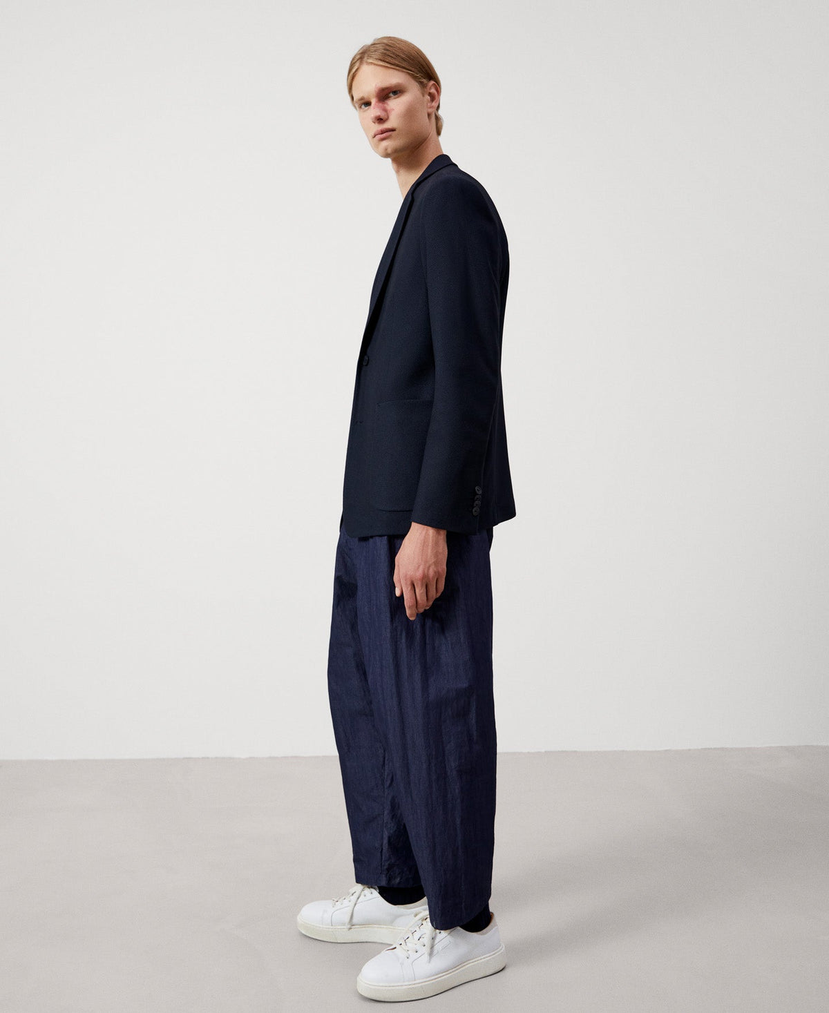 Men Unstructured Jacket | Navy Blue Two Buttons Tailored Blazer by Spanish designer Adolfo Dominguez