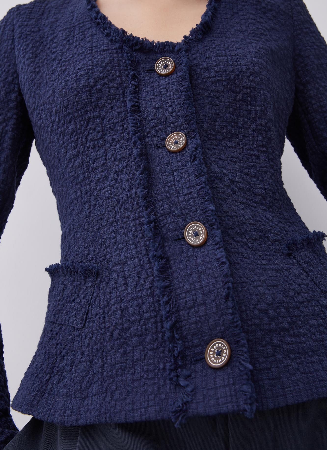 Women Structured Jacket | Navy Blue Unlined Textured Cotton Jacket by Spanish designer Adolfo Dominguez