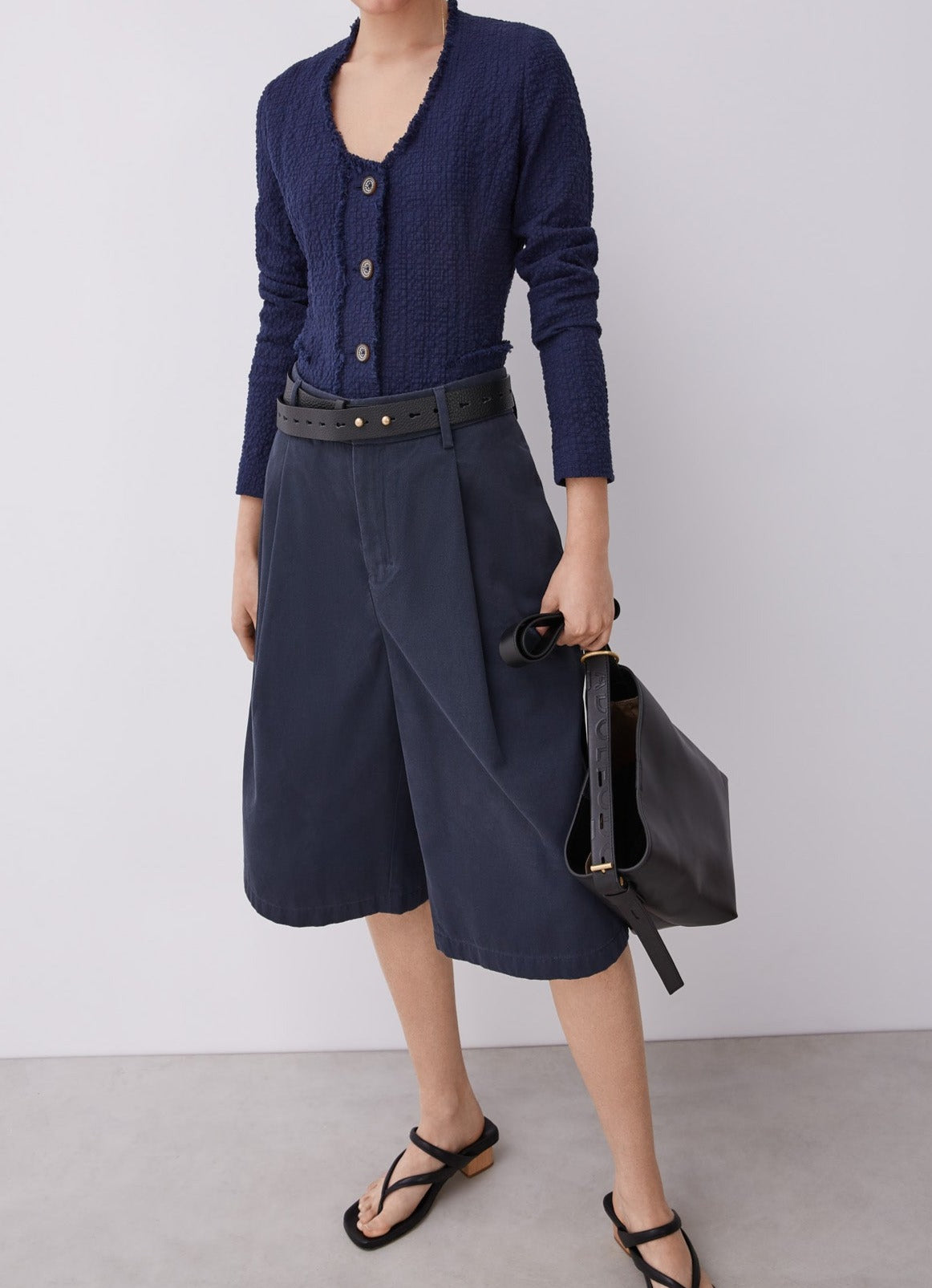 Women Structured Jacket | Navy Blue Unlined Textured Cotton Jacket by Spanish designer Adolfo Dominguez