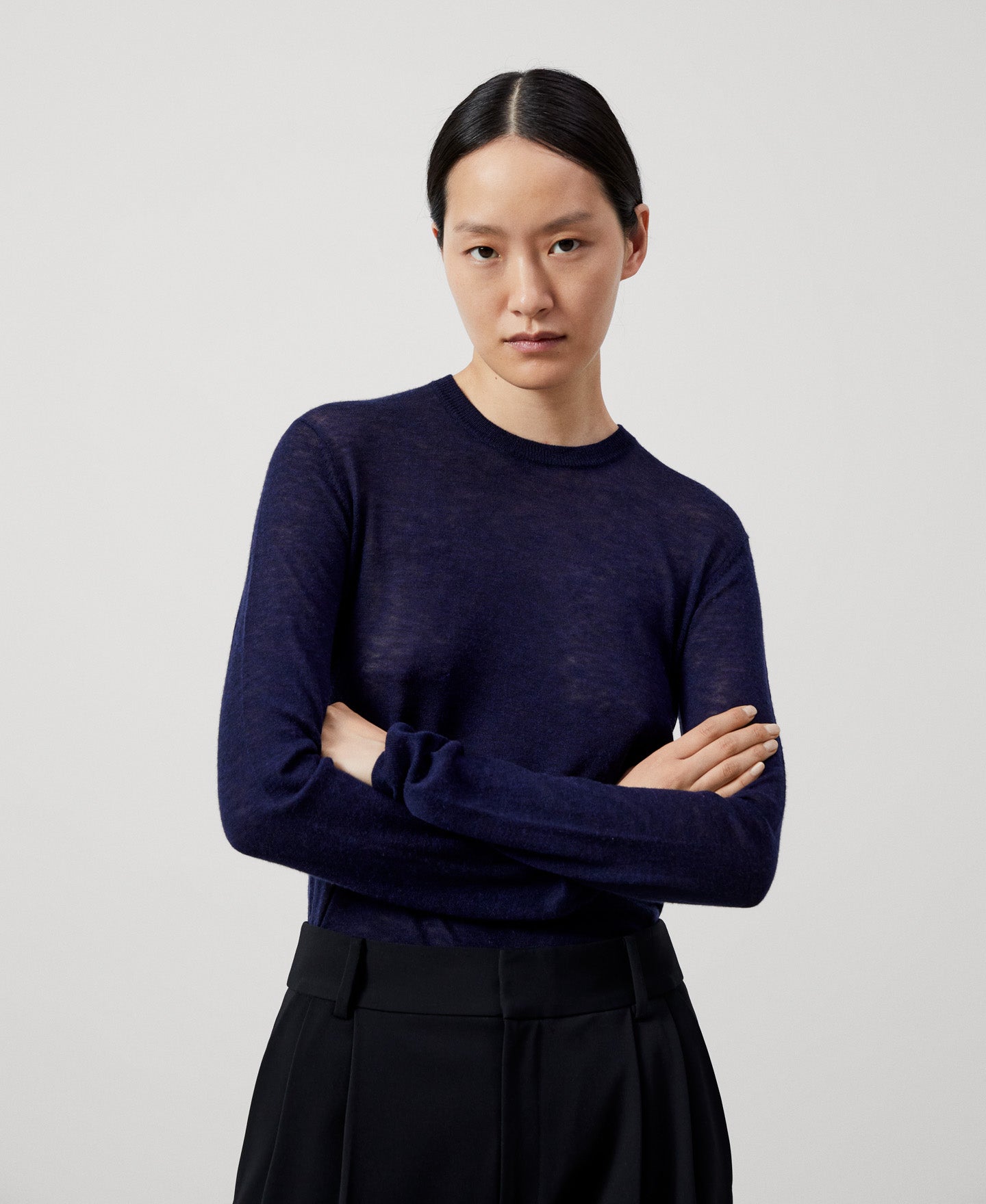 Women Jersey | Navy Blue Womens Merino Wool Crew Neck Sweater by Spanish designer Adolfo Dominguez