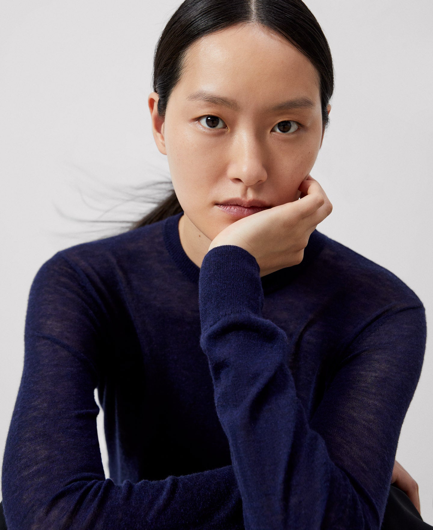 Women Jersey | Navy Blue Womens Merino Wool Crew Neck Sweater by Spanish designer Adolfo Dominguez