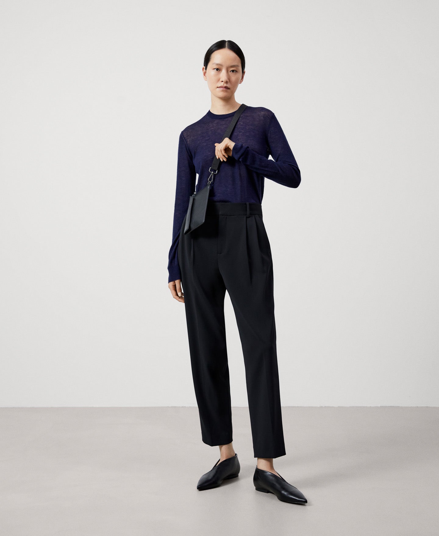 Women Jersey | Navy Blue Womens Merino Wool Crew Neck Sweater by Spanish designer Adolfo Dominguez