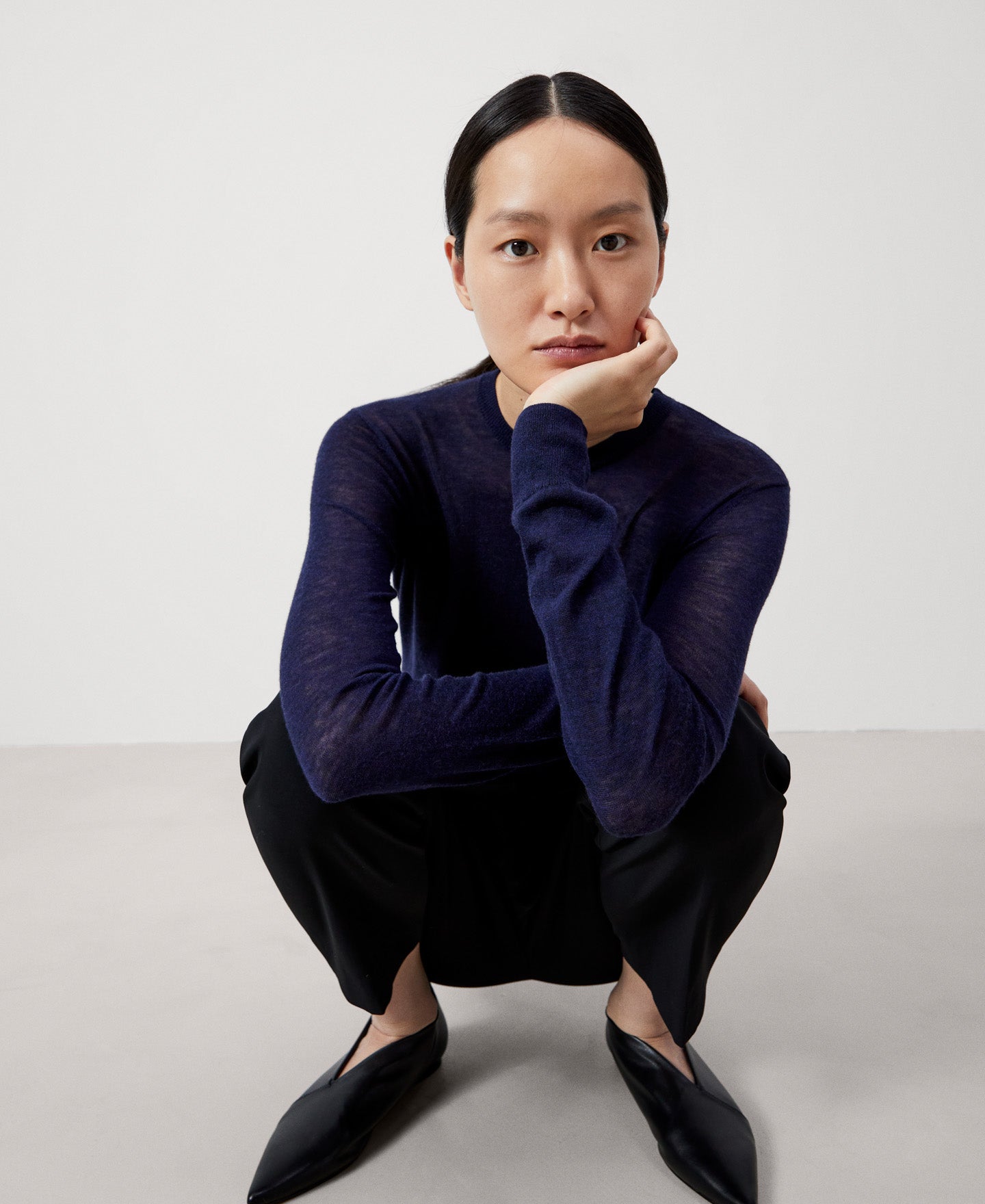 Women Jersey | Navy Blue Womens Merino Wool Crew Neck Sweater by Spanish designer Adolfo Dominguez