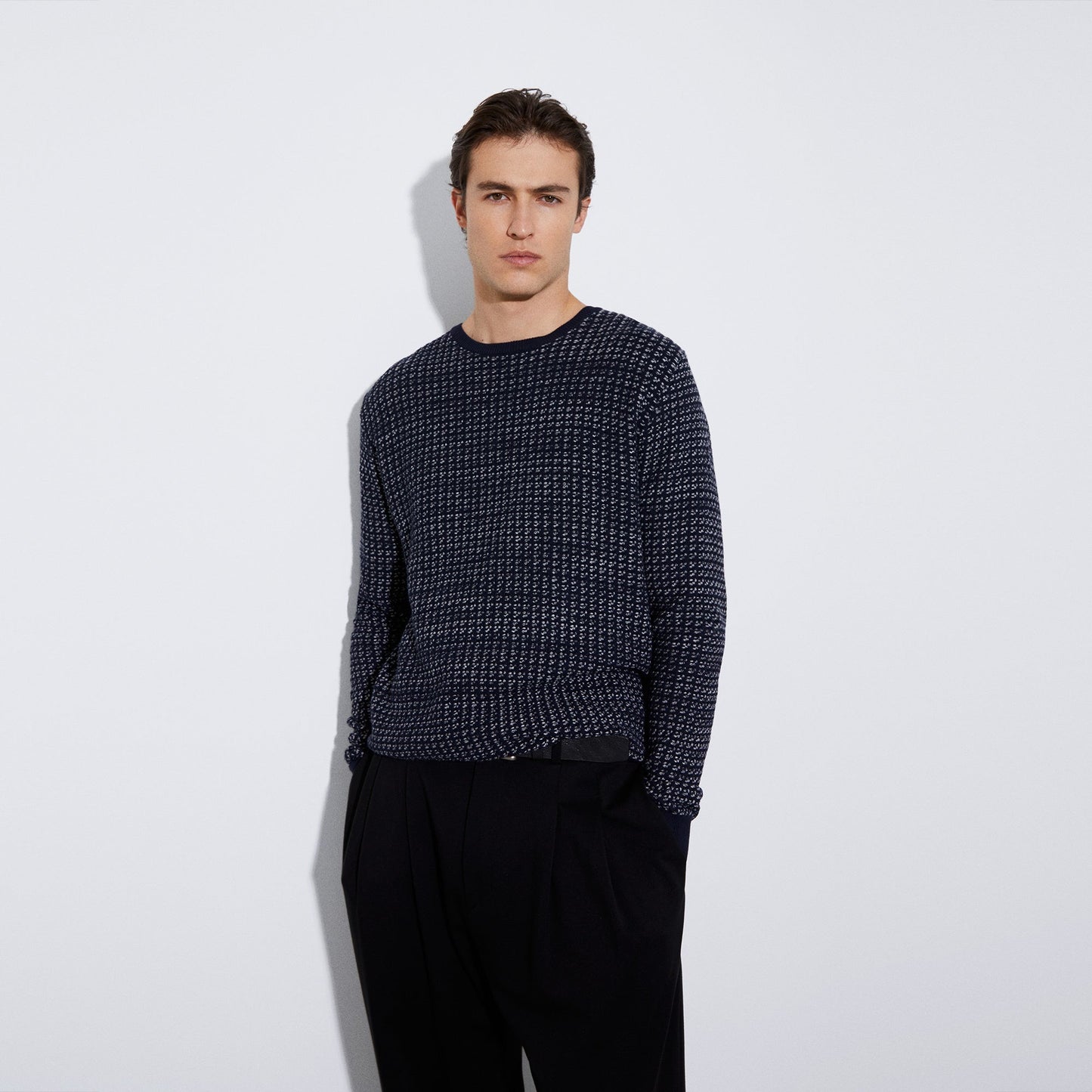 Men Jersey | Navy Blue/White Cotton Blend Knit Sweater by Spanish designer Adolfo Dominguez