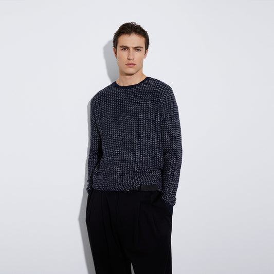 Men Jersey | Navy Blue/White Cotton Blend Knit Sweater by Spanish designer Adolfo Dominguez