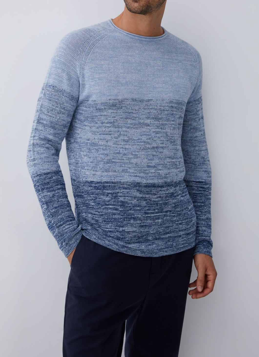Men Jersey | Navy Blue/White Crew Neck Melange Sweater by Spanish designer Adolfo Dominguez