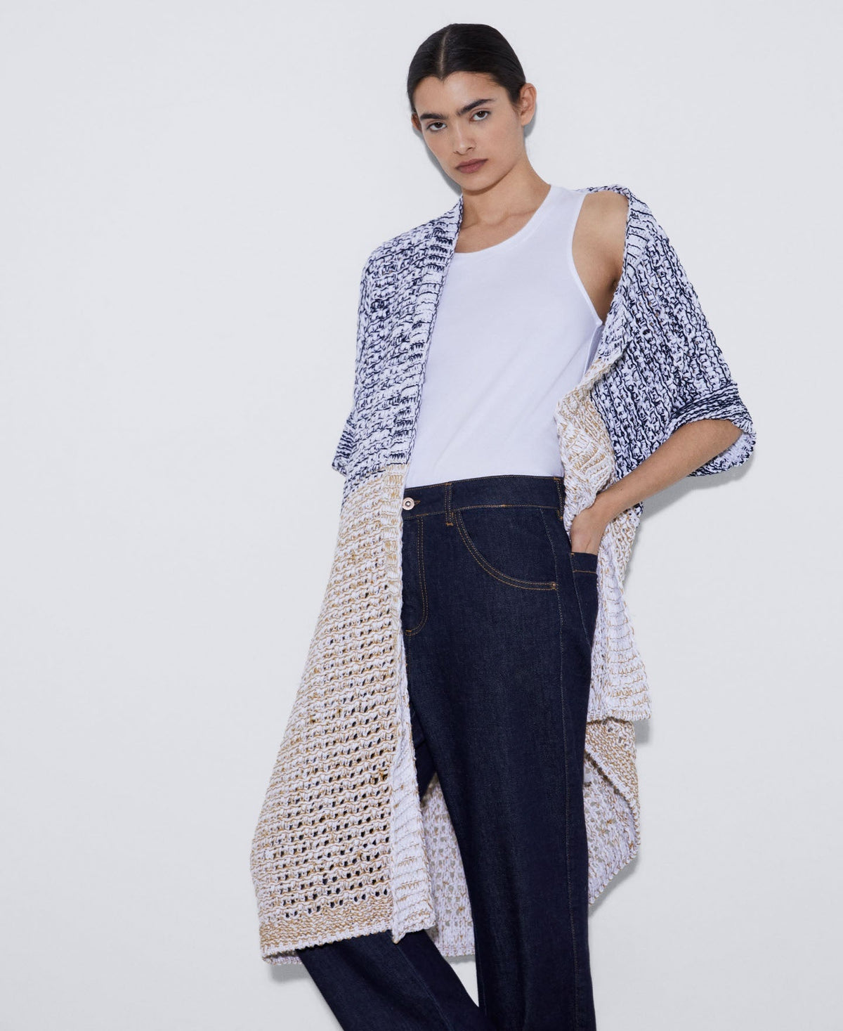 Women Knit Jacket | Navy Blue/White Long Openwork Knitted Jacket by Spanish designer Adolfo Dominguez