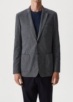 Men Unstructured Jacket | Navy Blue/White Textured Fine-Checked Jacket by Spanish designer Adolfo Dominguez