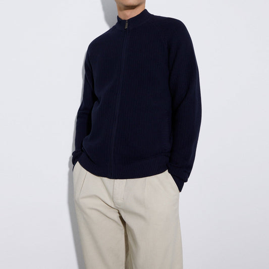 Men Knit Jacket | Navyblue Crew Neck Jacket With Central Zip by Spanish designer Adolfo Dominguez