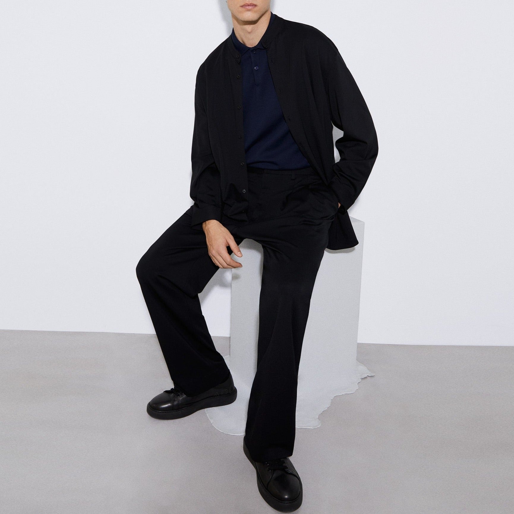 Men Polo | Navyblue Two Button Polo Shirt In Cotton by Spanish designer Adolfo Dominguez