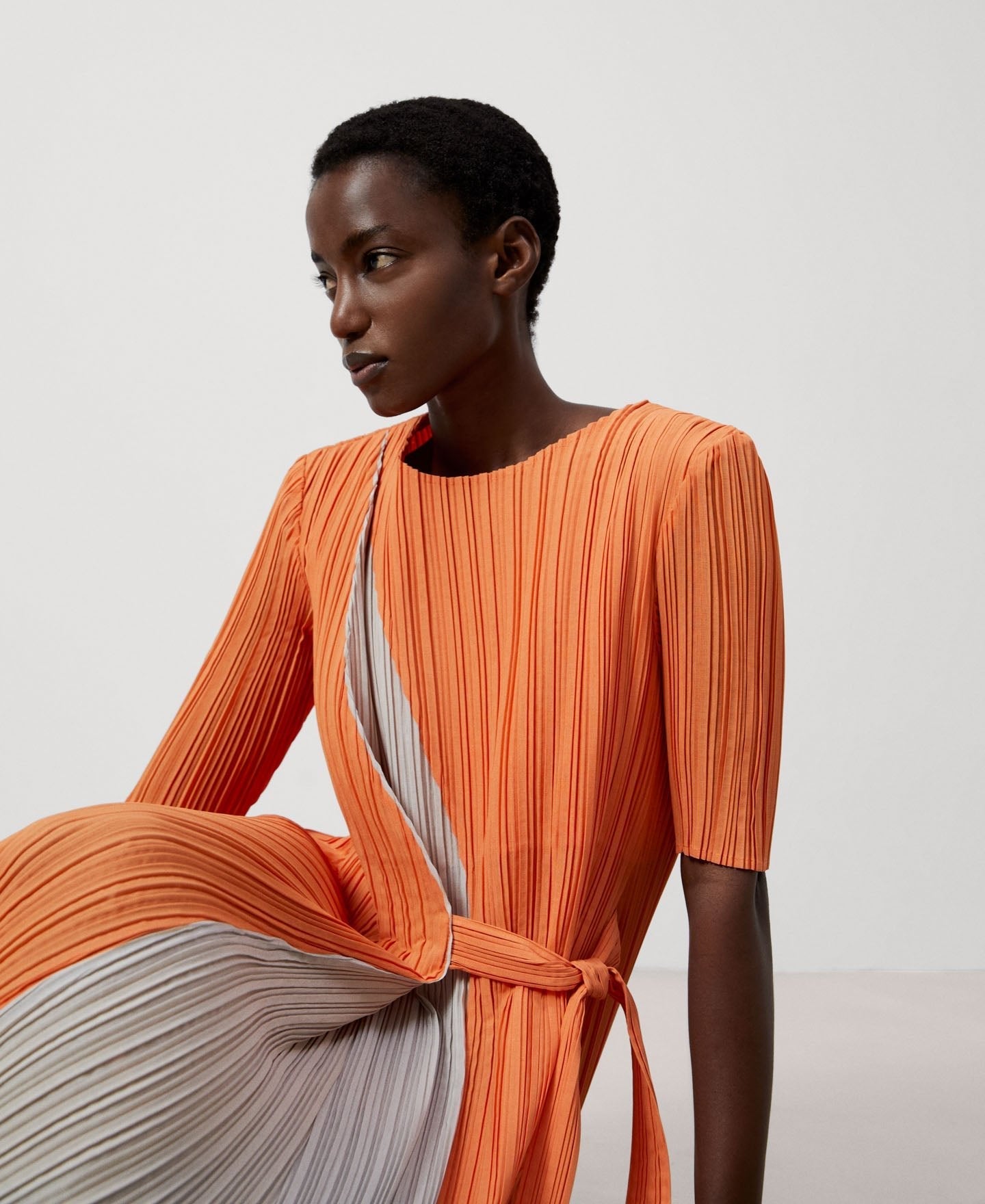 Women Dress | Orange Crinkle Midi Dress by Spanish designer Adolfo Dominguez