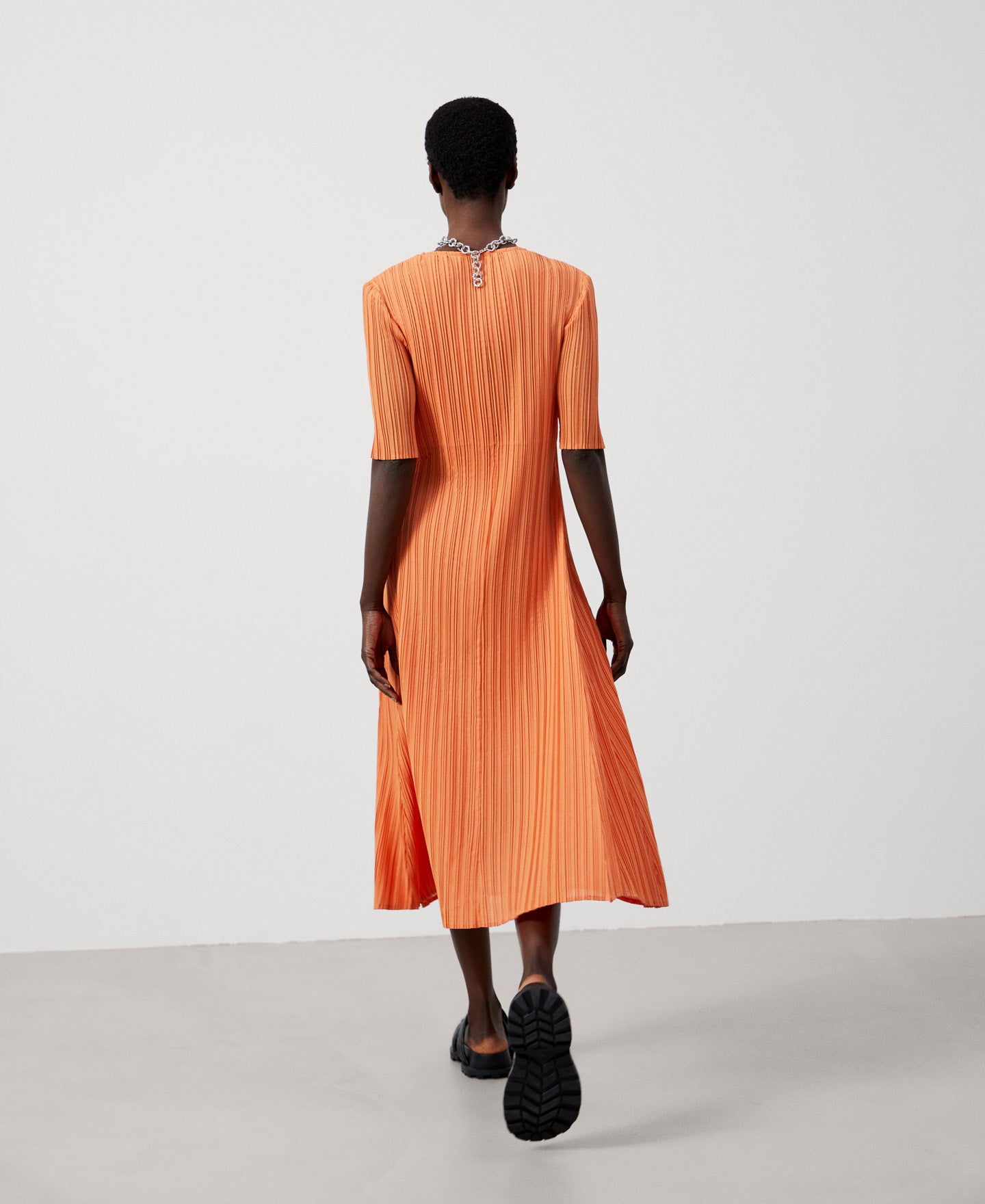 Women Dress | Orange Crinkle Midi Dress by Spanish designer Adolfo Dominguez