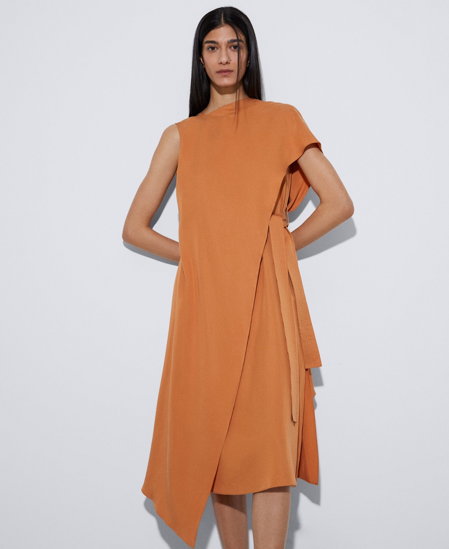 Women Dress | Orange Draped Tencel™ Lyocell™ Dress by Spanish designer Adolfo Dominguez