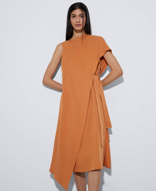 Women Dress | Orange Draped Tencel™ Lyocell™ Dress by Spanish designer Adolfo Dominguez