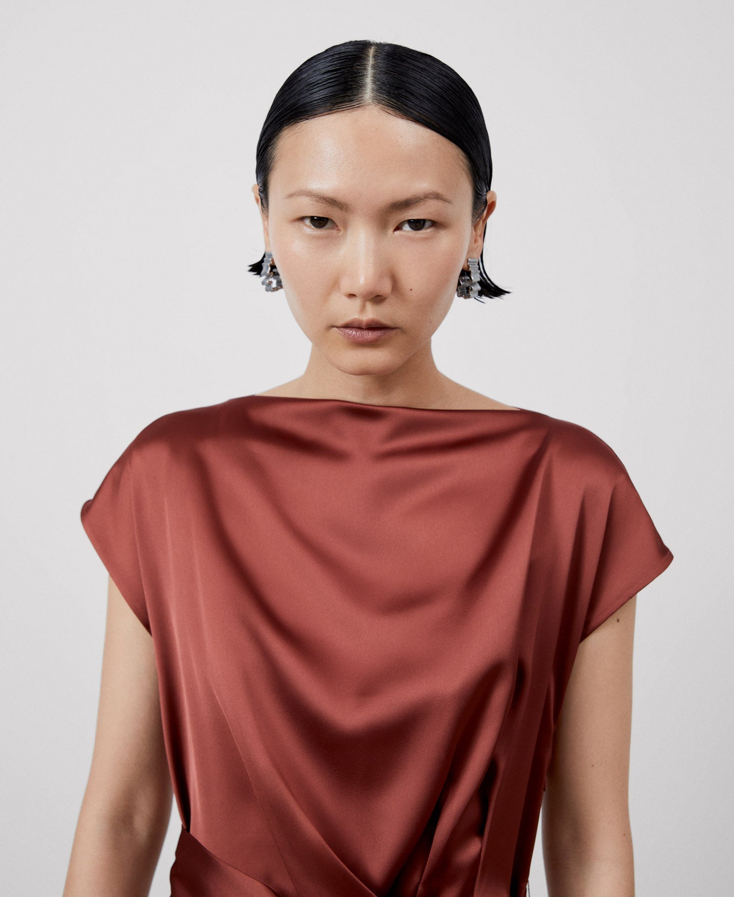 Women Cocktail Dress | Orange Recyled Polyester Draped Dress by Spanish designer Adolfo Dominguez