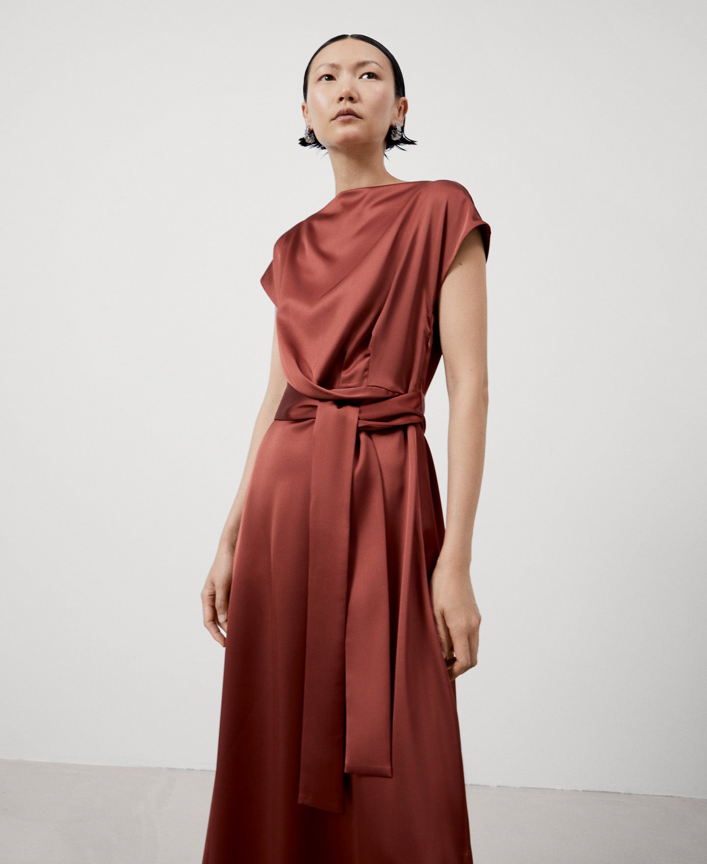 Women Cocktail Dress | Orange Recyled Polyester Draped Dress by Spanish designer Adolfo Dominguez