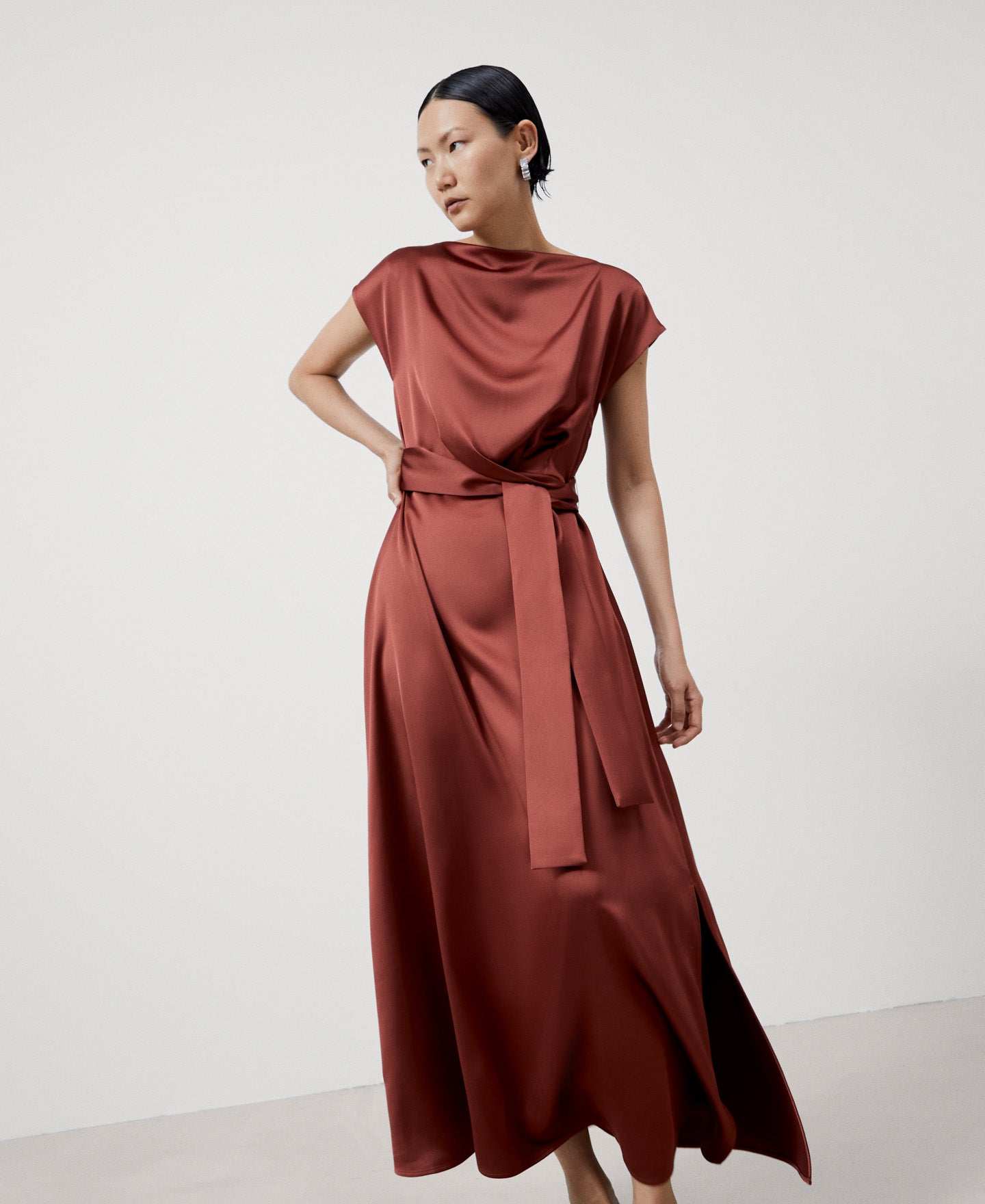 Women Cocktail Dress | Orange Recyled Polyester Draped Dress by Spanish designer Adolfo Dominguez