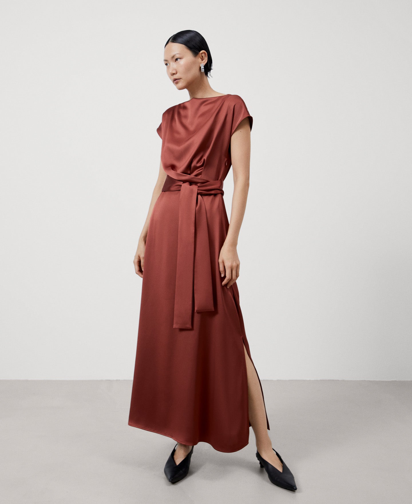 Women Cocktail Dress | Orange Recyled Polyester Draped Dress by Spanish designer Adolfo Dominguez