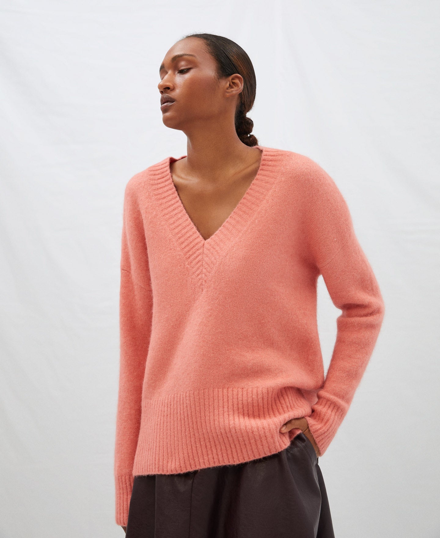 Women Jersey | Pink Alpaca V-Neckline Sweater by Spanish designer Adolfo Dominguez
