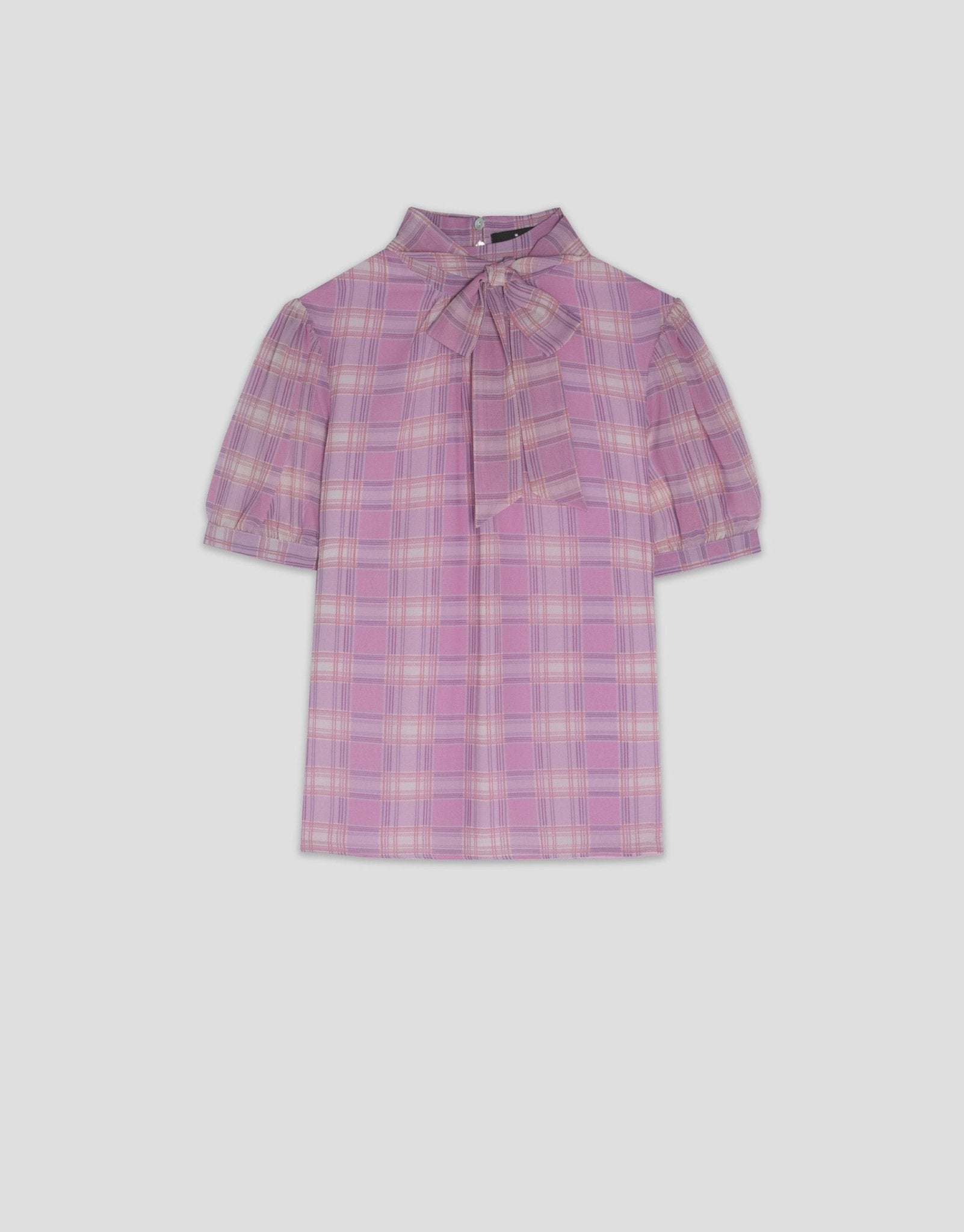 Shirts & Blouses | Pink checkered short sleeved blouse with tie collar by Spanish designer Roberto Verino
