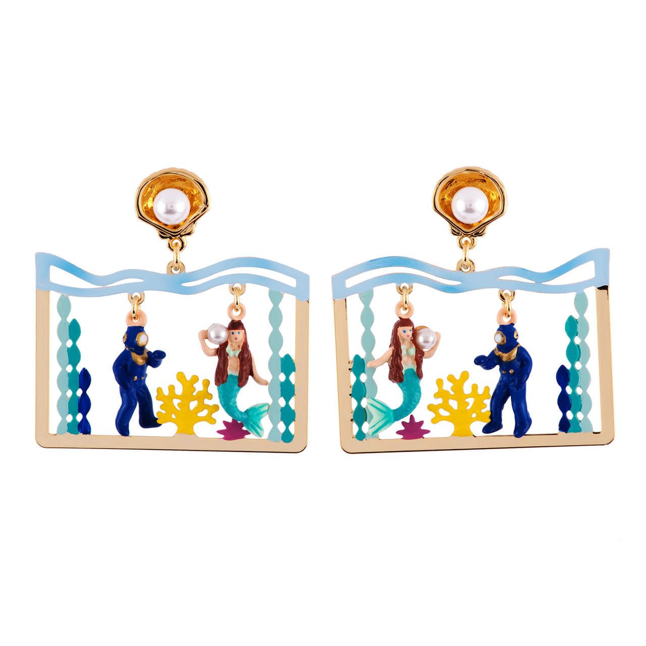 Je Suis Une Sirène Shell With Mermaid & Scuba Diver Earrings | AFJS1061