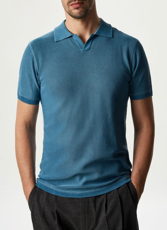 Men Polo | Prussian Blue Delave Polo Shirt With Short Sleeve by Spanish designer Adolfo Dominguez