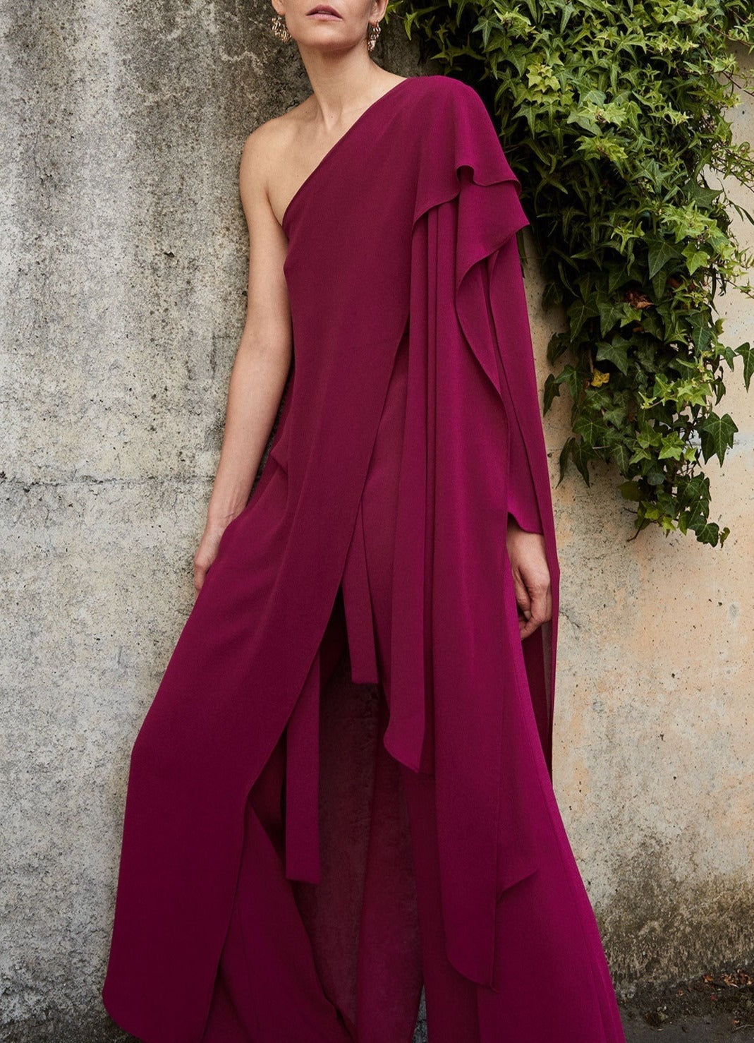 Women Jumpsuit | Red Bougainvillea Asymmetric Jumpsuit With Overlayer by Spanish designer Adolfo Dominguez
