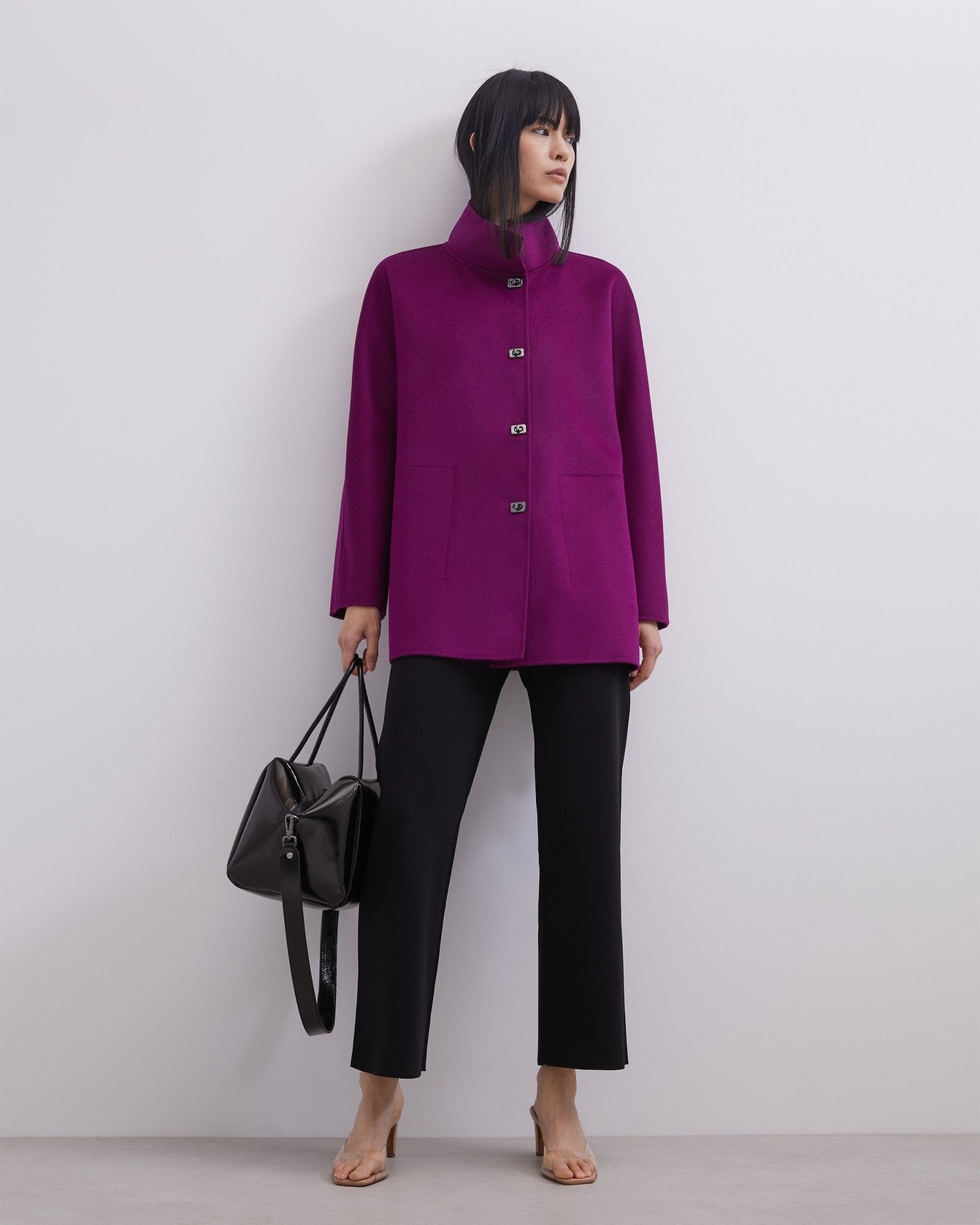 Women Short Jacket | Red Bougainvillea Double-Face Merino Wool Coat by Spanish designer Adolfo Dominguez