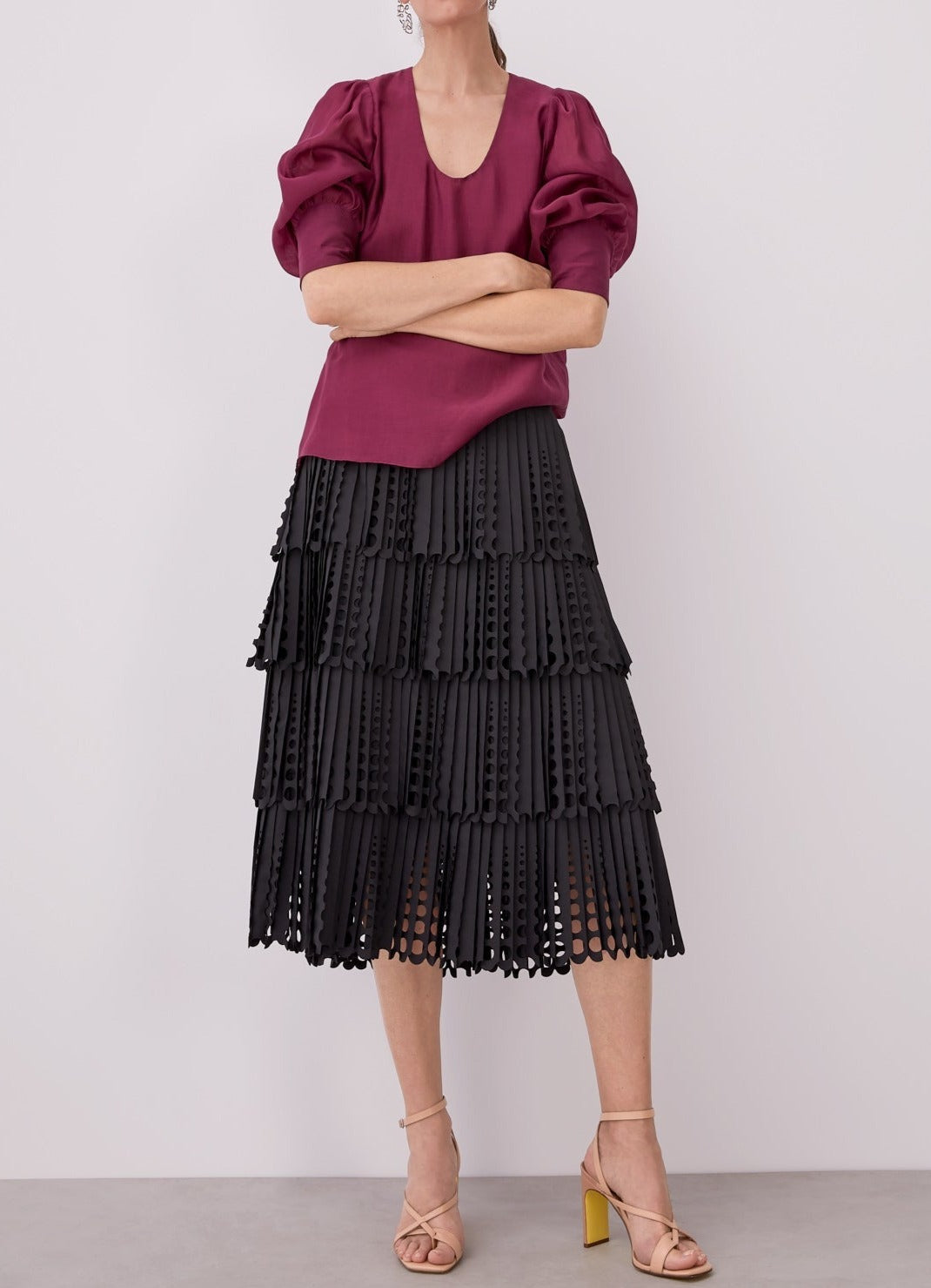 Women Long-Sleeve Shirt | Red Bougainvillea Shirt With Puff Sleeves by Spanish designer Adolfo Dominguez