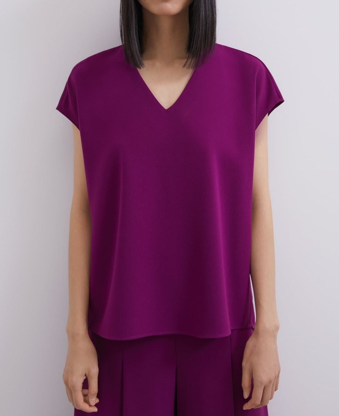 Women Shirt | Red Bougainvillea Short Drop Sleeve V-Neck Top by Spanish designer Adolfo Dominguez