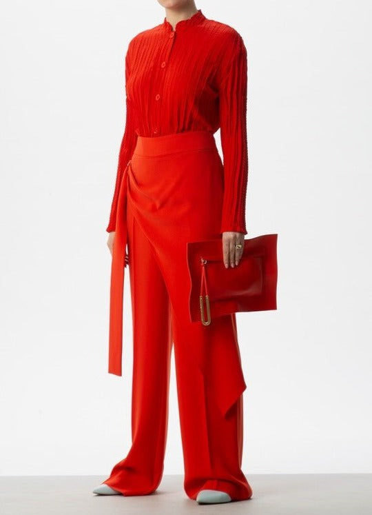 Women Unstructured Jacket | Red Crinkle Jacket With Raised Collar by Spanish designer Adolfo Dominguez