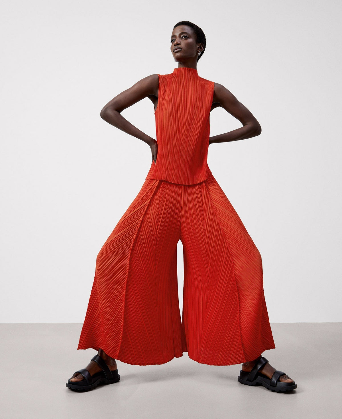 Women Top | Red Crinkle Sleeveless Top by Spanish designer Adolfo Dominguez