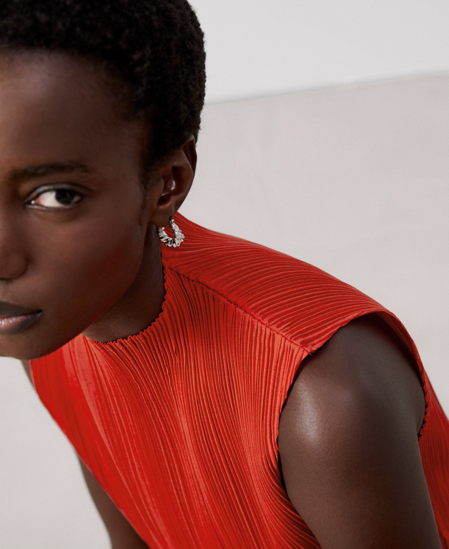 Women Top | Red Crinkle Sleeveless Top by Spanish designer Adolfo Dominguez