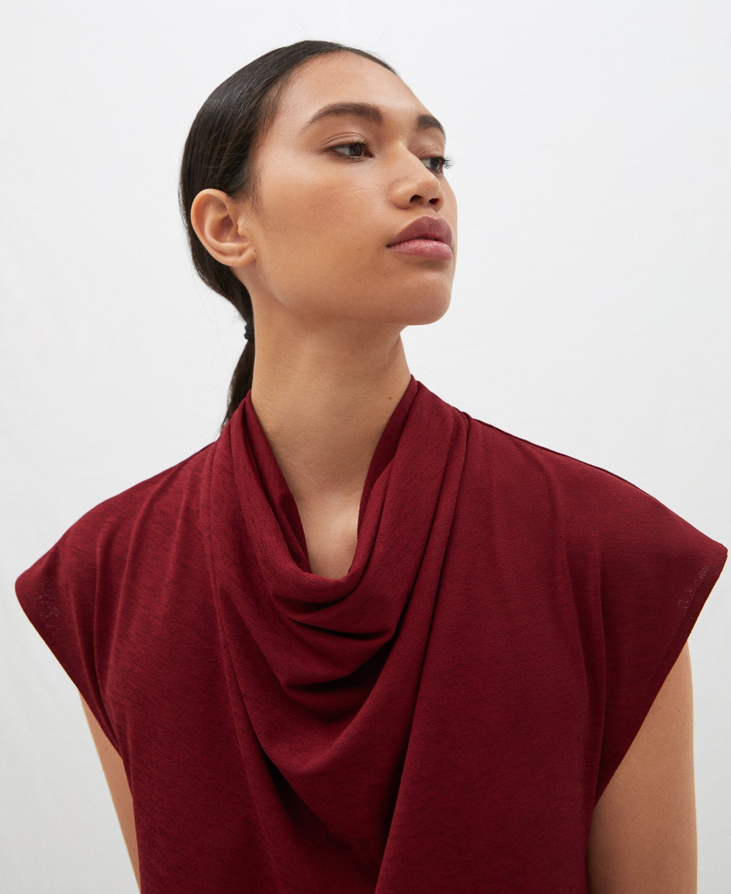 Women Shirt | Red Draped Collar Blouse by Spanish designer Adolfo Dominguez