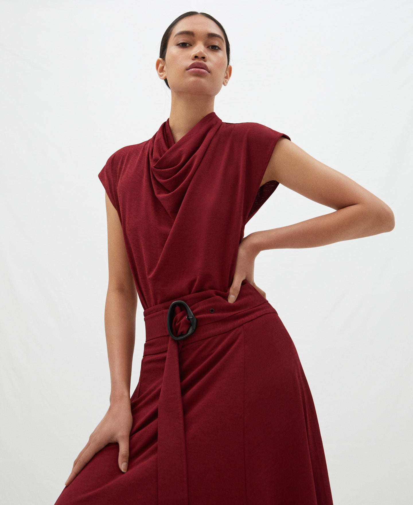 Women Shirt | Red Draped Collar Blouse by Spanish designer Adolfo Dominguez