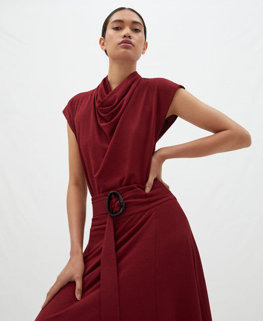 Women Shirt | Red Draped Collar Blouse by Spanish designer Adolfo Dominguez